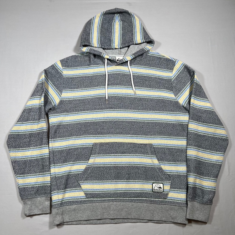 Quiksilver Mens XL Striped Pullover Hoodie Gray Yellow Blue Beach Surf Skate